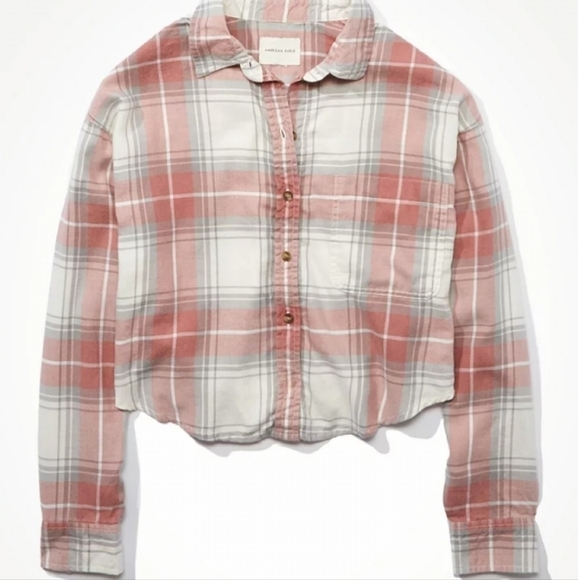 AE Plaid Cropped Button Up Shirt Muted Red Gray Size Medium - Picture 3 of 13